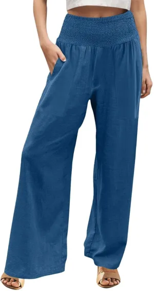 Khaki Linen Pants Women Wide Leg Flowy Breathable Friends' Gathering Beach Pants Spring Themed Party Casual Trousers