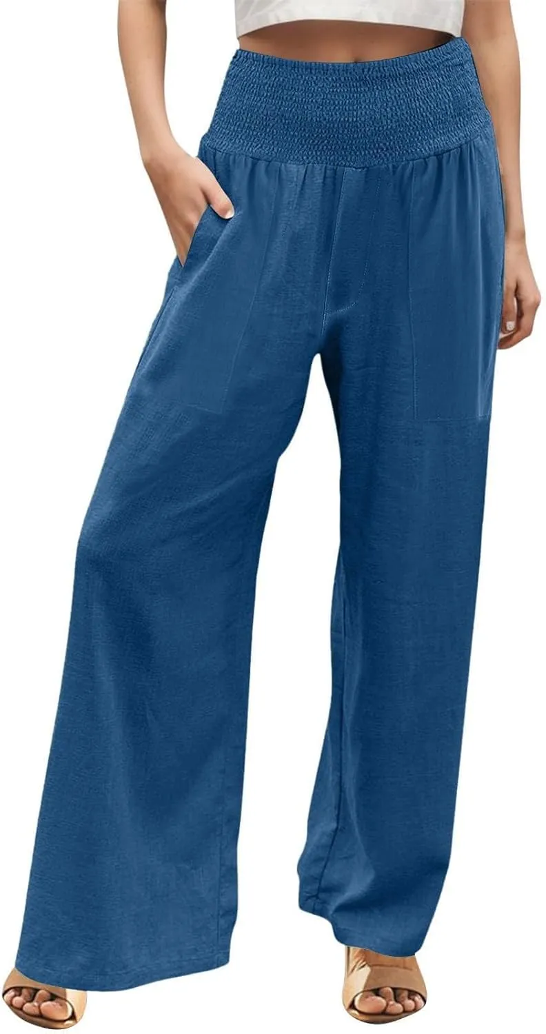 Khaki Linen Pants Women Wide Leg Flowy Breathable Friends' Gathering Beach Pants Spring Themed Party Casual Trousers