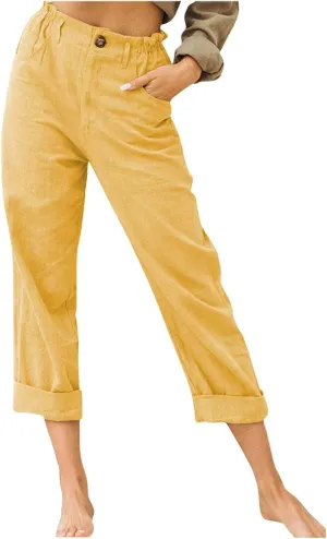 Ladies Linen Pants for Womens Summer Casual Harem Pant 7/8 Length High Waist Lightweight Cotton Linen Slacks Trousers