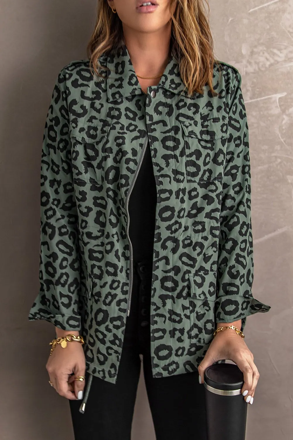 Lapel Collar Zipper Leopard Coat