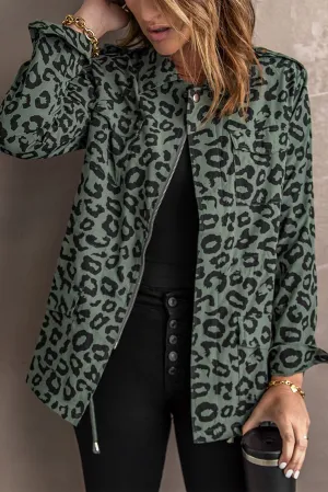 Lapel Collar Zipper Leopard Coat