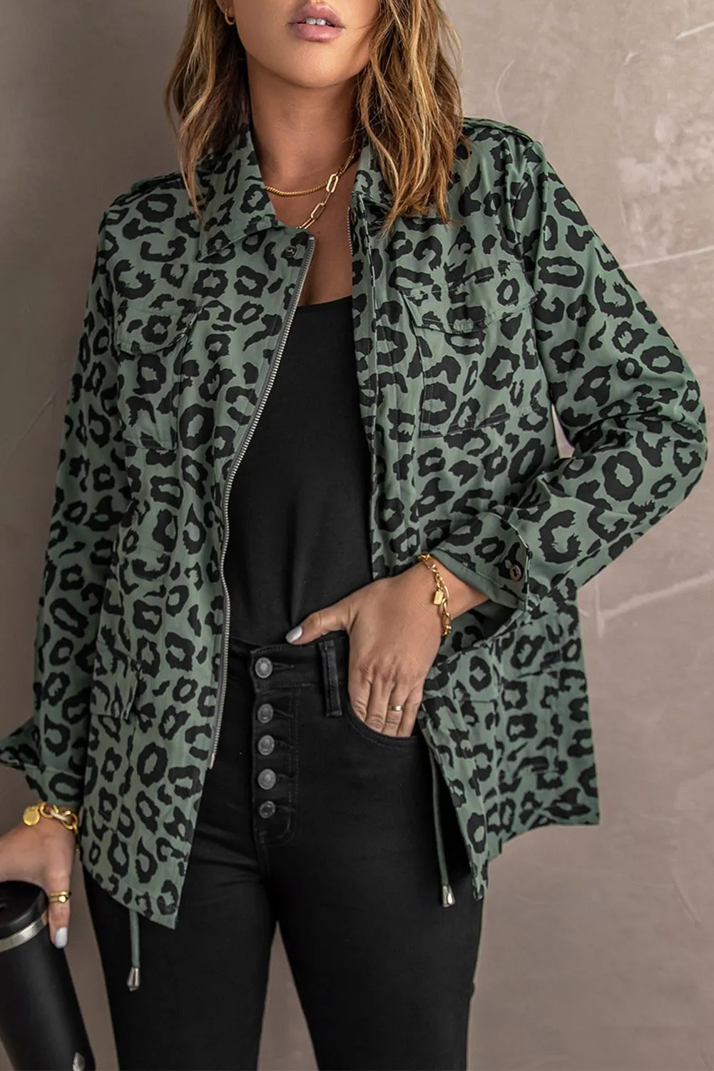 Lapel Collar Zipper Leopard Coat