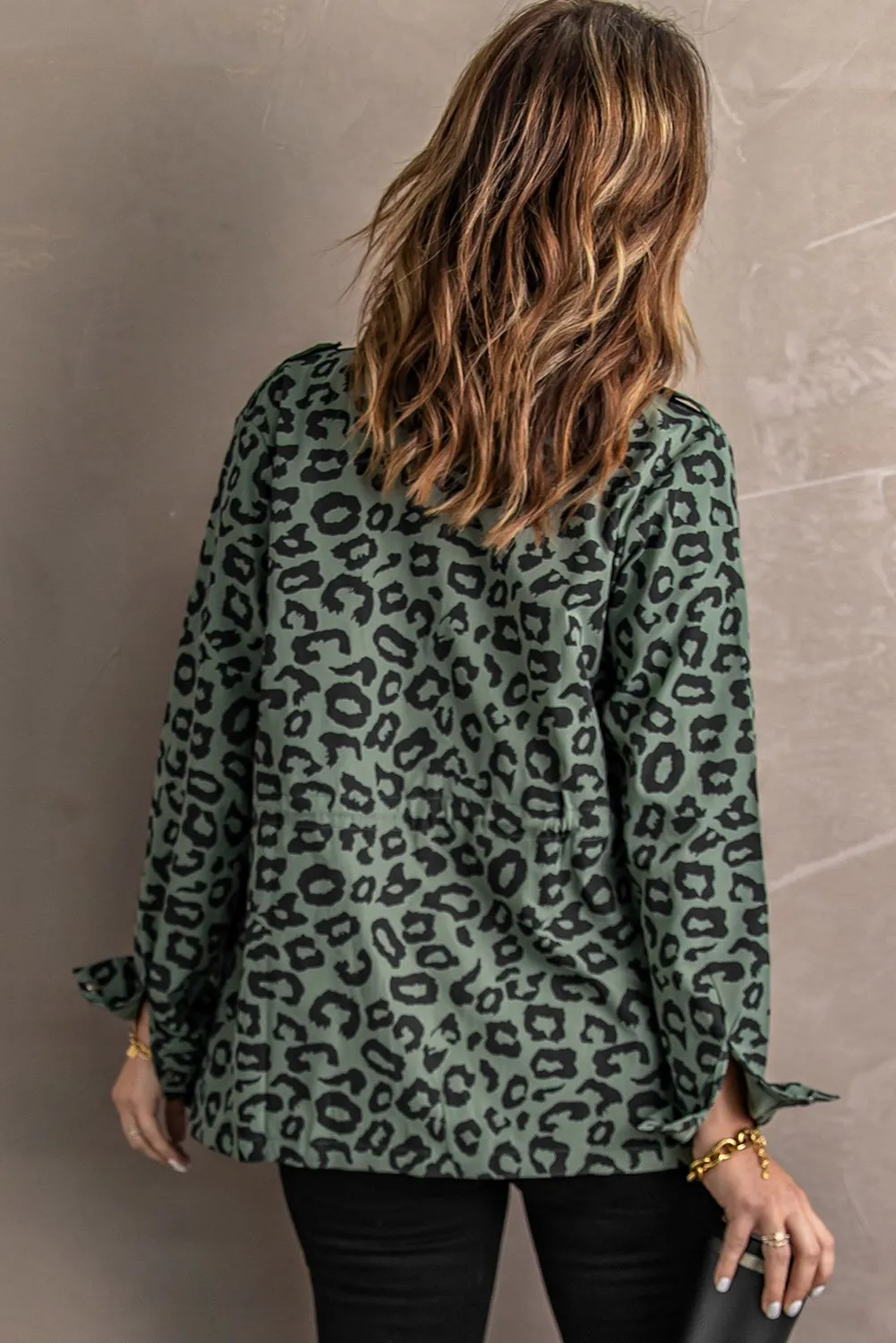 Lapel Collar Zipper Leopard Coat