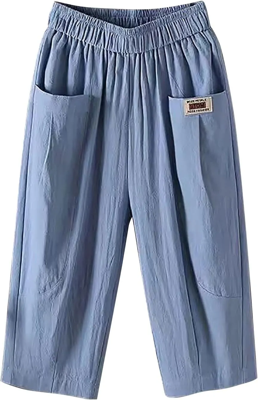 LCMTWX Beach Pants for Women Pant Casual Baggy Elastic Waist Trouser Wide Leg Pant with Pocket Women Linen Palazzo Pants