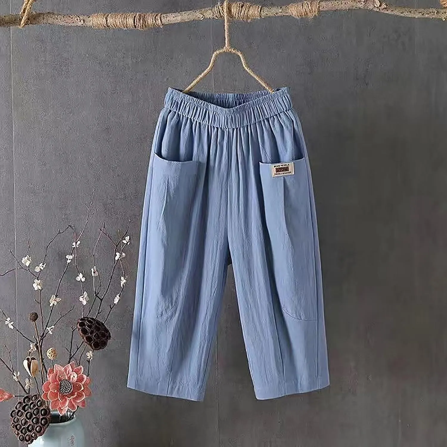 LCMTWX Beach Pants for Women Pant Casual Baggy Elastic Waist Trouser Wide Leg Pant with Pocket Women Linen Palazzo Pants