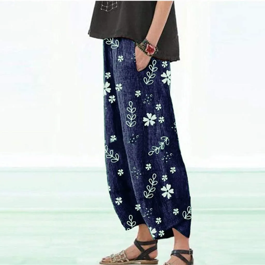 LCMTWX Cotton Pants for Women Casual Baggy Elastic Waist Trouser Wide Leg Pant with Pocket Fashion Pant Summer Pants for