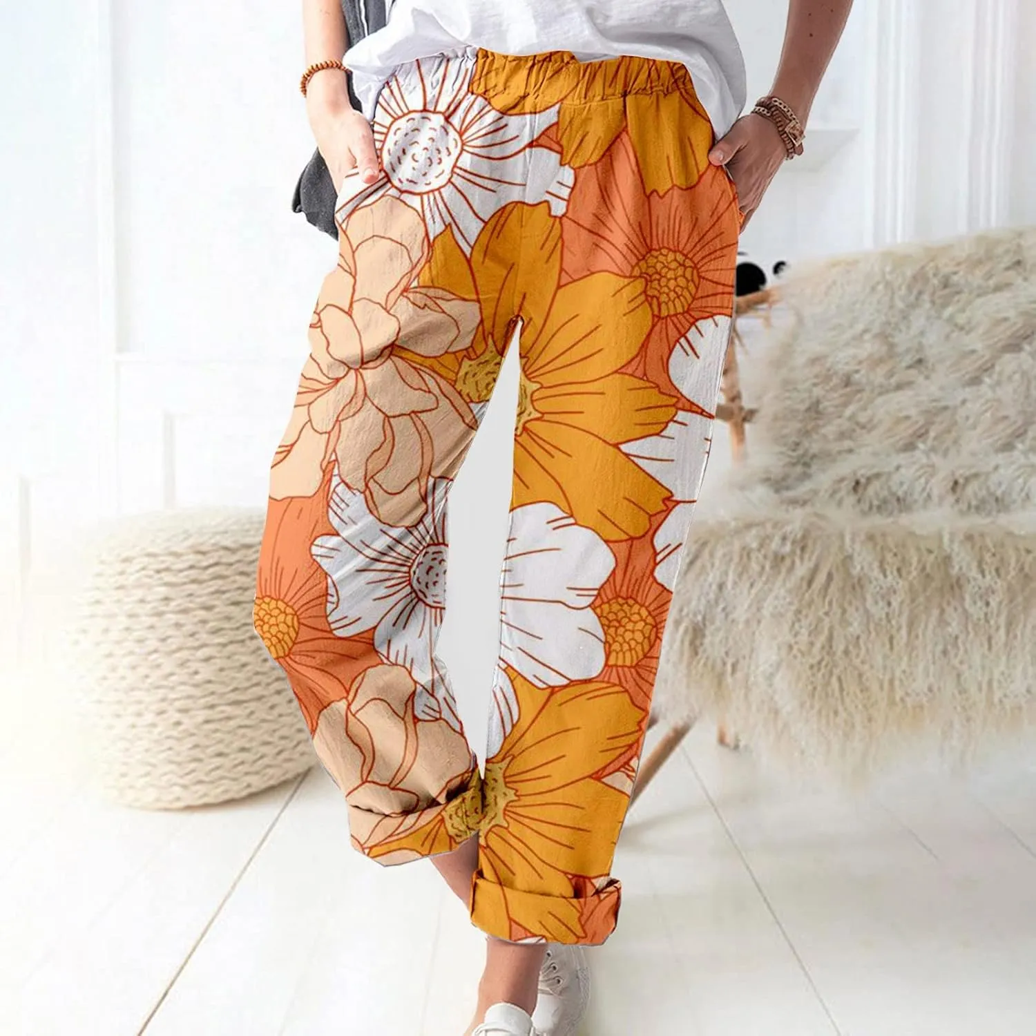 LCMTWX Linen Pants for Women Pants High Waisted Pant Smocked Pleated Loose Fit Casual Trousers Linen Pants Women Womens