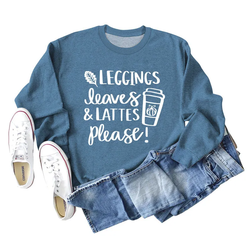 LEGGINGS LEAVES LATTES Letter Loose Bottoming Long Sleeve Plus Size Sweater