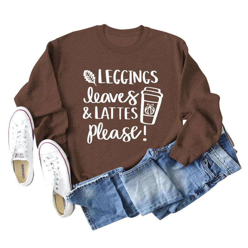 LEGGINGS LEAVES LATTES Letter Loose Bottoming Long Sleeve Plus Size Sweater