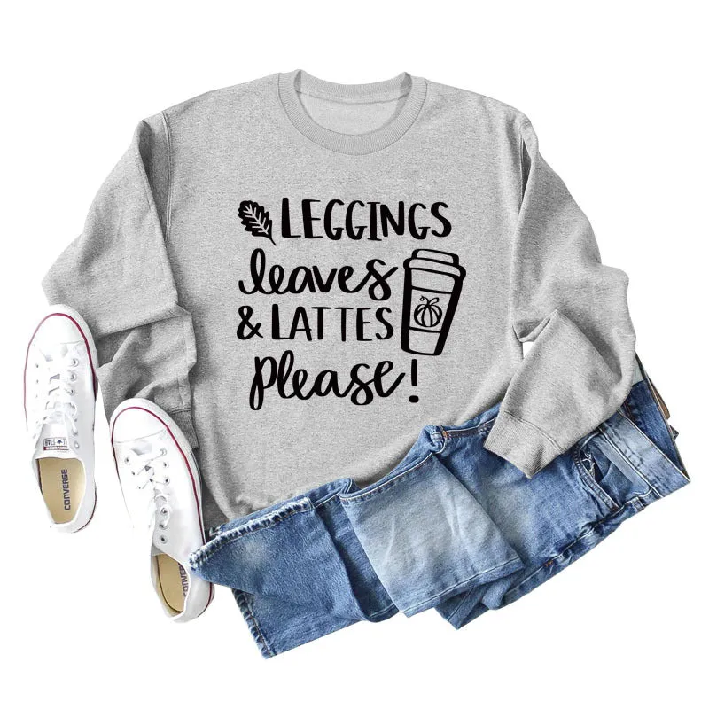 LEGGINGS LEAVES LATTES Letter Loose Bottoming Long Sleeve Plus Size Sweater