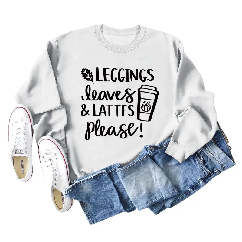 LEGGINGS LEAVES LATTES Letter Loose Bottoming Long Sleeve Plus Size Sweater