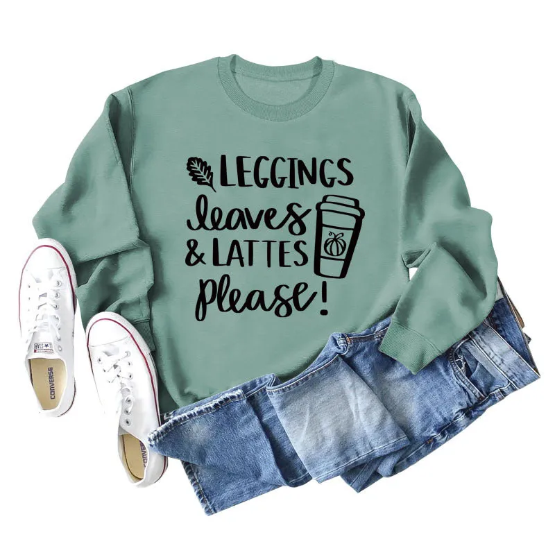 LEGGINGS LEAVES LATTES Letter Loose Bottoming Long Sleeve Plus Size Sweater