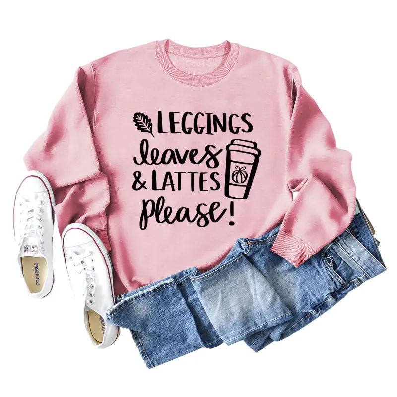 LEGGINGS LEAVES LATTES Letter Loose Bottoming Long Sleeve Plus Size Sweater