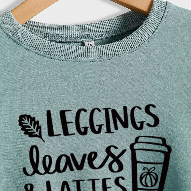 LEGGINGS LEAVES LATTES Letter Loose Bottoming Long Sleeve Plus Size Sweater
