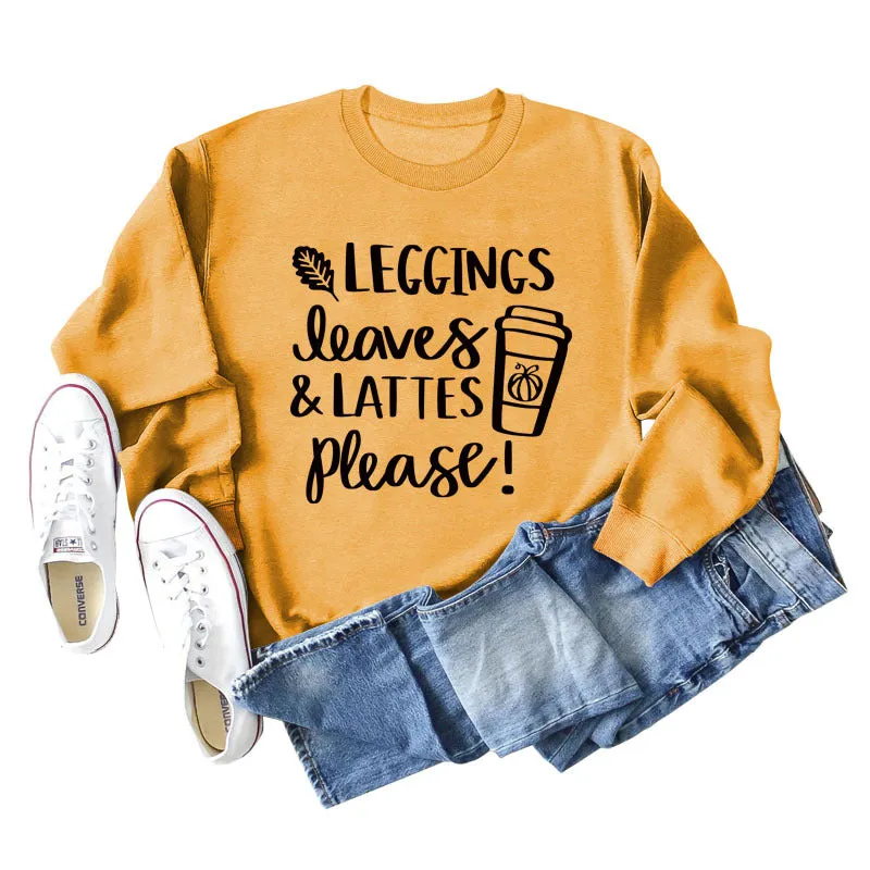 LEGGINGS LEAVES LATTES Letter Loose Bottoming Long Sleeve Plus Size Sweater