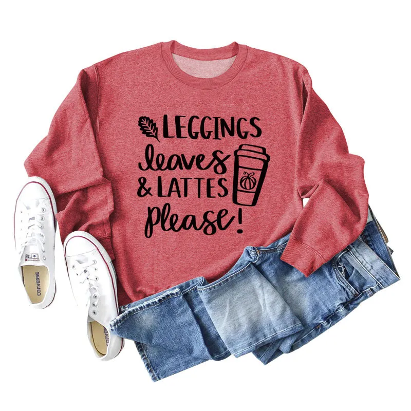 LEGGINGS LEAVES LATTES Letter Loose Bottoming Long Sleeve Plus Size Sweater