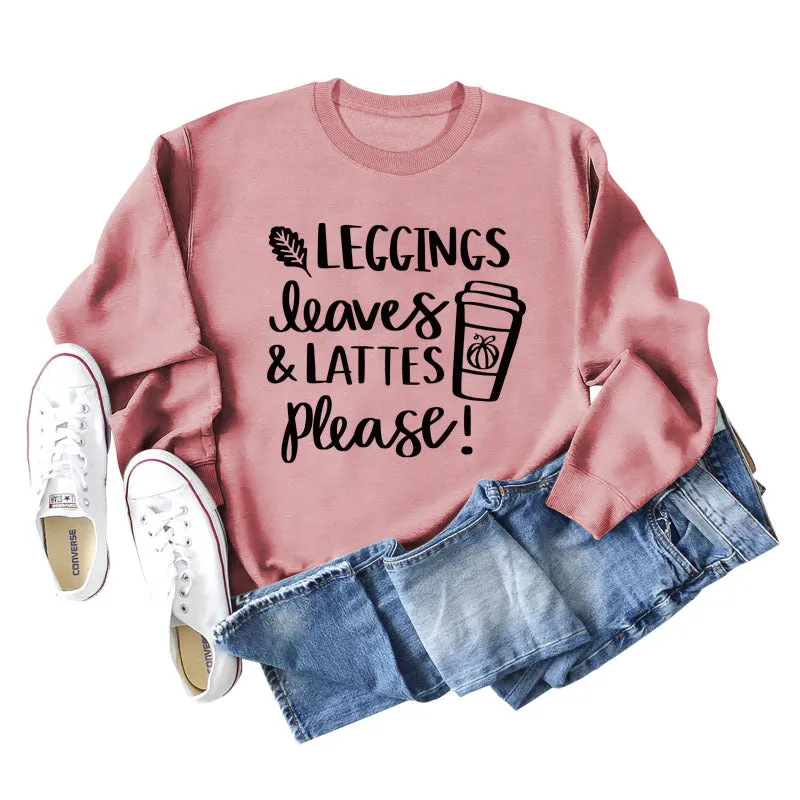 LEGGINGS LEAVES LATTES Letter Loose Bottoming Long Sleeve Plus Size Sweater