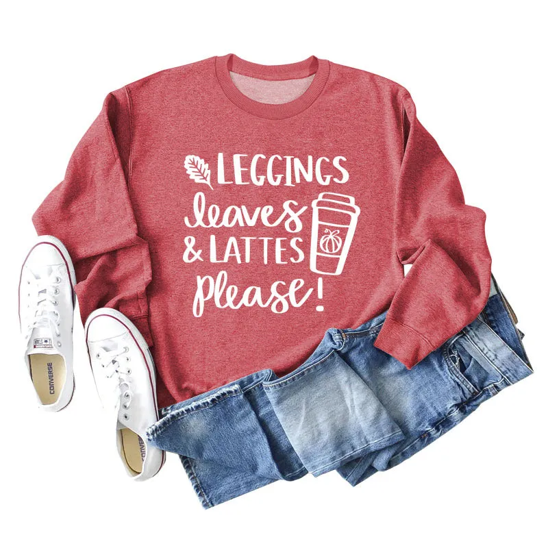 LEGGINGS LEAVES LATTES Letter Loose Bottoming Long Sleeve Plus Size Sweater