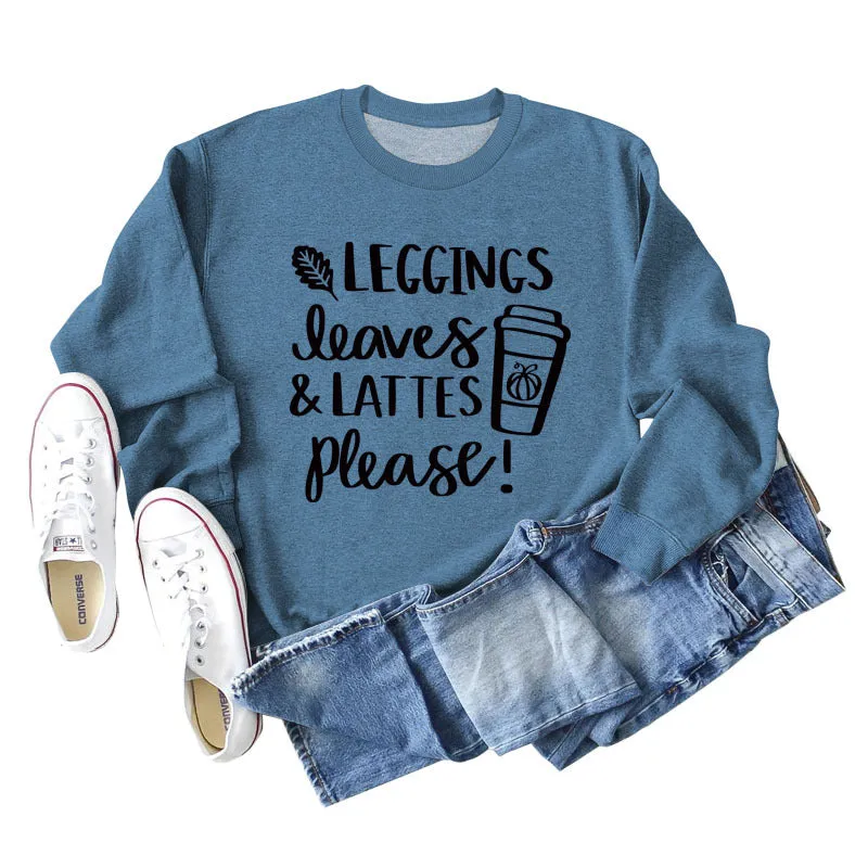 LEGGINGS LEAVES LATTES Letter Loose Bottoming Long Sleeve Plus Size Sweater