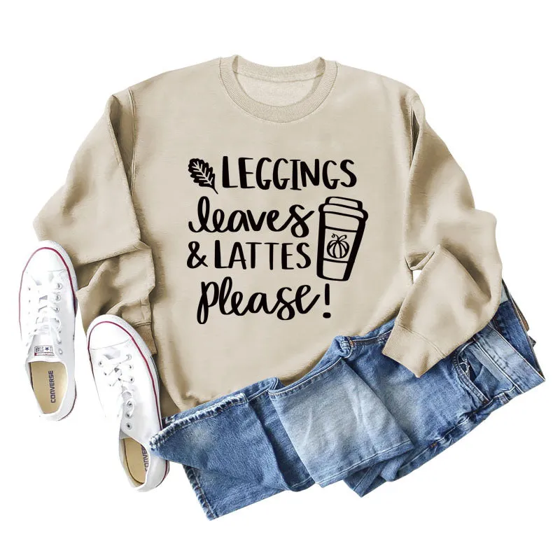 LEGGINGS LEAVES LATTES Letter Loose Bottoming Long Sleeve Plus Size Sweater