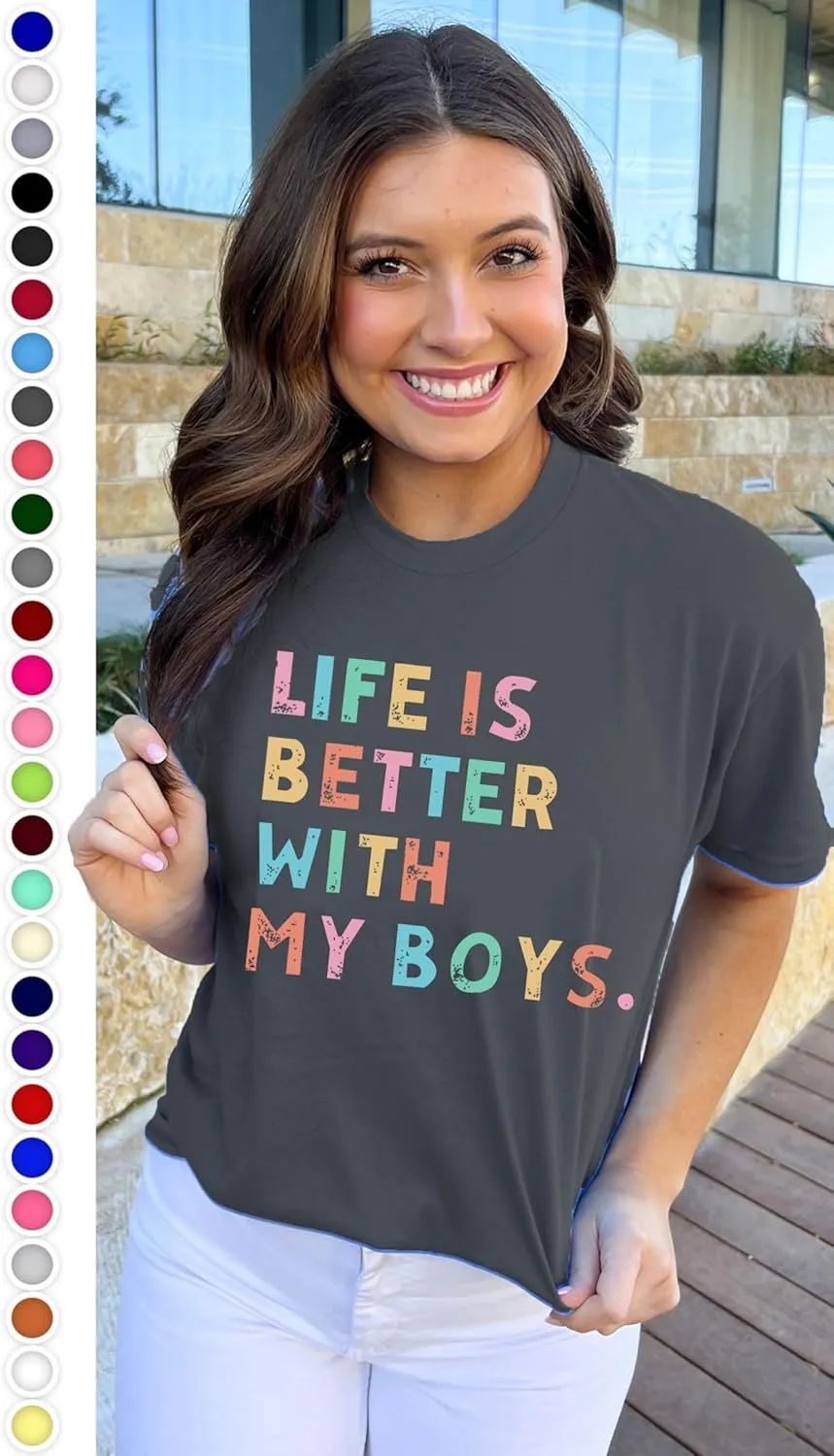 Life is Better with My Boys Women Funny Mom Gift Shirts Graphic Summer Short Athletic Casual Workout Tops