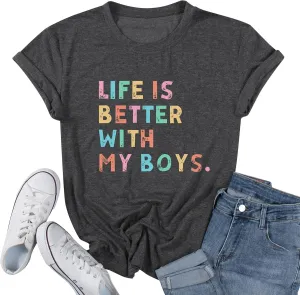 Life is Better with My Boys Women Funny Mom Gift Shirts Graphic Summer Short Athletic Casual Workout Tops