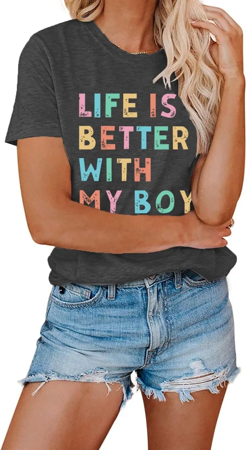 Life is Better with My Boys Women Funny Mom Gift Shirts Graphic Summer Short Athletic Casual Workout Tops
