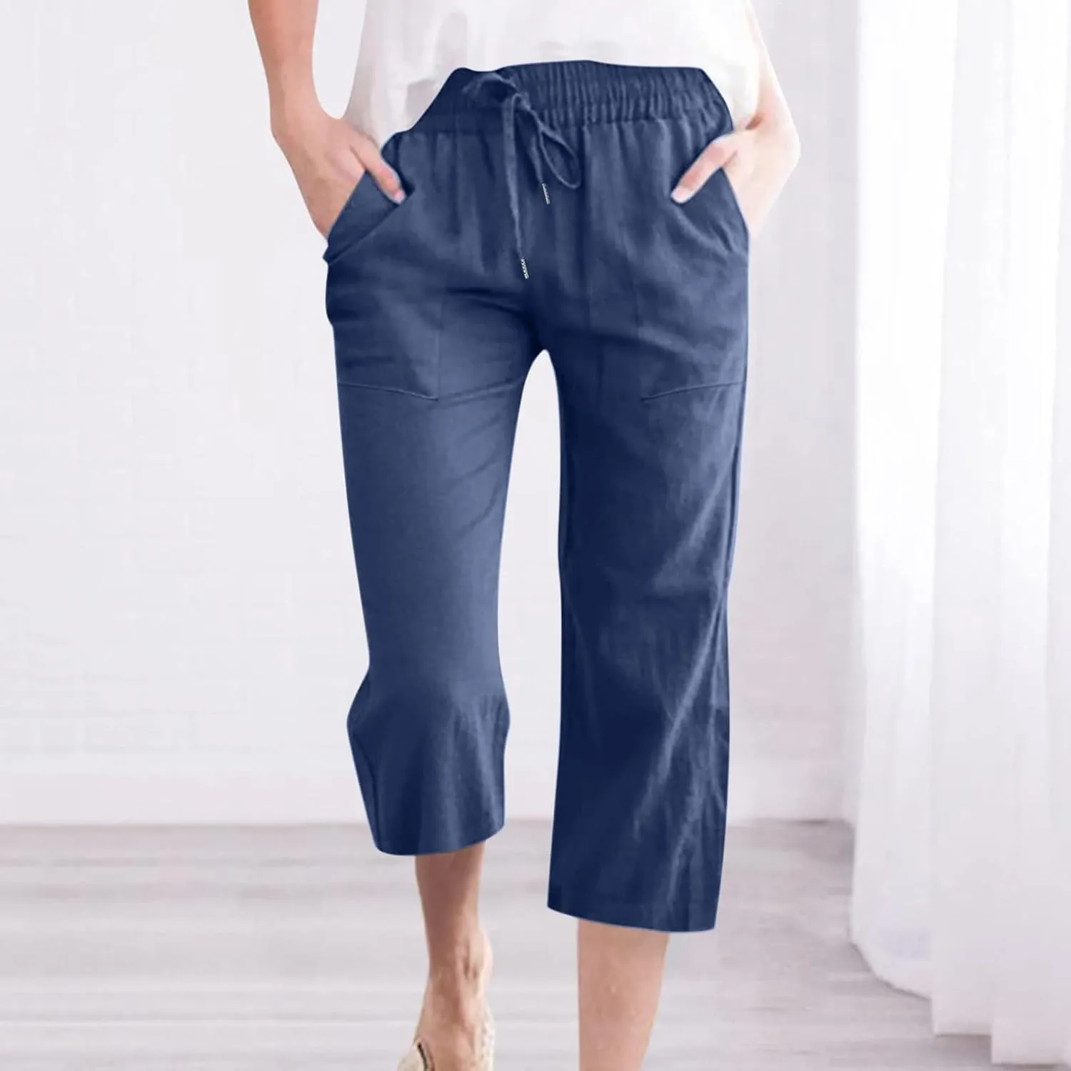Linen Capri Pants for Women Casual 2024 Summer Drawstring Elastic High Waist Pant Wide Leg Cropped Trouser with Pockets
