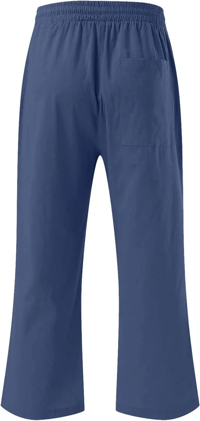 Linen Capri Pants for Women Casual 2024 Summer Drawstring Elastic High Waist Pant Wide Leg Cropped Trouser with Pockets
