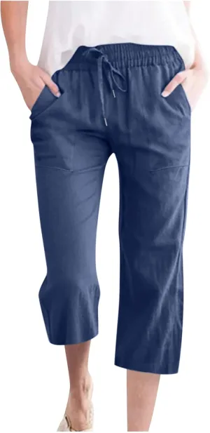 Linen Capri Pants for Women Casual 2024 Summer Drawstring Elastic High Waist Pant Wide Leg Cropped Trouser with Pockets