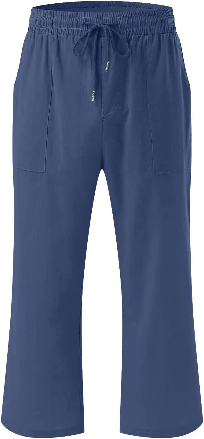 Linen Capri Pants for Women Casual 2024 Summer Drawstring Elastic High Waist Pant Wide Leg Cropped Trouser with Pockets