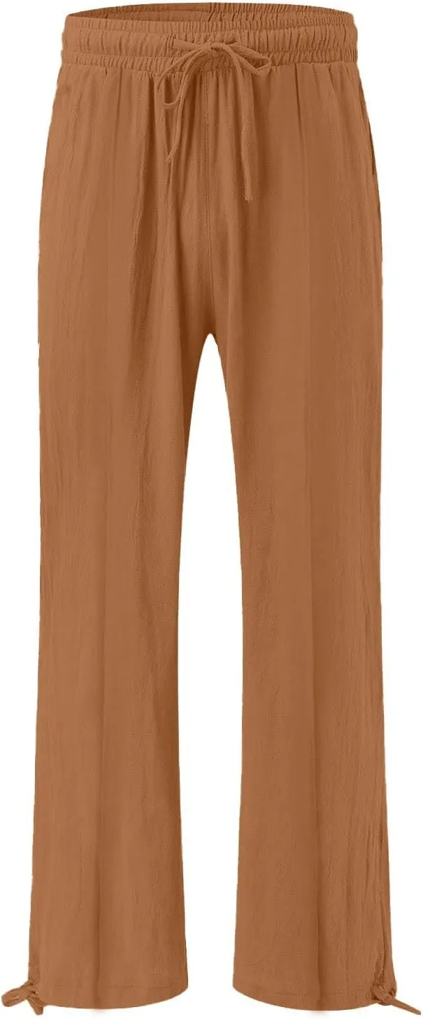 Linen Palazzo Pants for Women Dressy Summer Wide Leg Flowy Pants Boho Drawstring Beach Lounge Trousers with Pockets