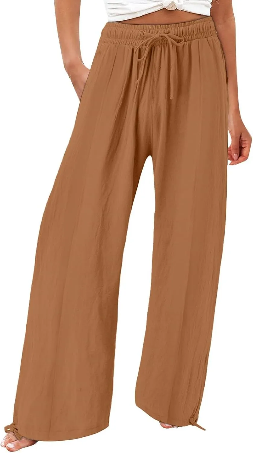 Linen Palazzo Pants for Women Dressy Summer Wide Leg Flowy Pants Boho Drawstring Beach Lounge Trousers with Pockets