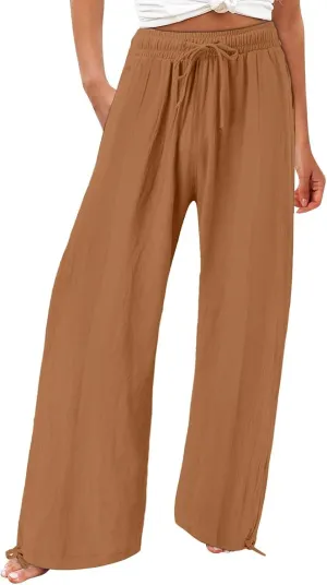 Linen Palazzo Pants for Women Dressy Summer Wide Leg Flowy Pants Boho Drawstring Beach Lounge Trousers with Pockets