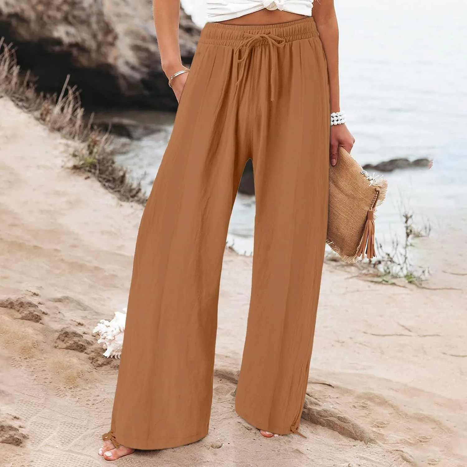 Linen Palazzo Pants for Women Dressy Summer Wide Leg Flowy Pants Boho Drawstring Beach Lounge Trousers with Pockets