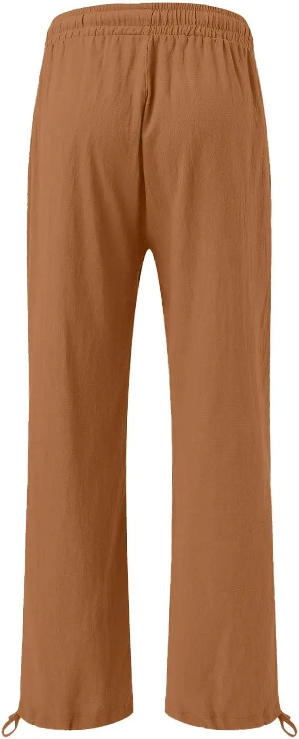 Linen Palazzo Pants for Women Dressy Summer Wide Leg Flowy Pants Boho Drawstring Beach Lounge Trousers with Pockets