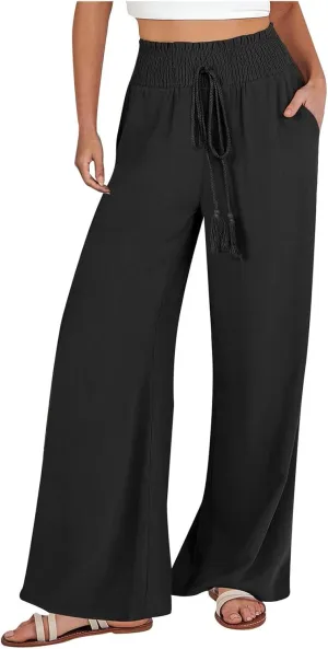 Linen Palazzo Pants for Women Plus Size Baggy Trousers with Pockets High Waist Straight Wide Leg Pants Casual Pants