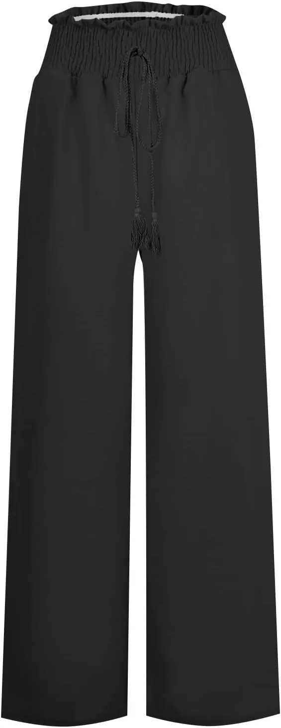 Linen Palazzo Pants for Women Plus Size Baggy Trousers with Pockets High Waist Straight Wide Leg Pants Casual Pants