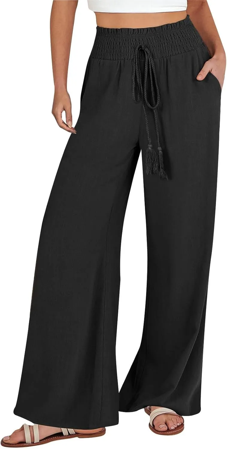 Linen Palazzo Pants for Women Plus Size Baggy Trousers with Pockets High Waist Straight Wide Leg Pants Casual Pants