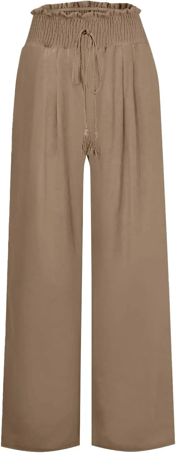 Linen Palazzo Pants Women Summer High Drawstring Waist Wide Leg Pants Linen Casual Beach Long Clothes with Pockets