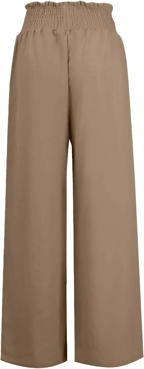 Linen Palazzo Pants Women Summer High Drawstring Waist Wide Leg Pants Linen Casual Beach Long Clothes with Pockets
