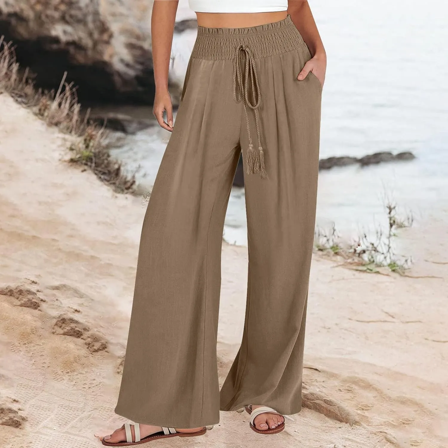 Linen Palazzo Pants Women Summer High Drawstring Waist Wide Leg Pants Linen Casual Beach Long Clothes with Pockets