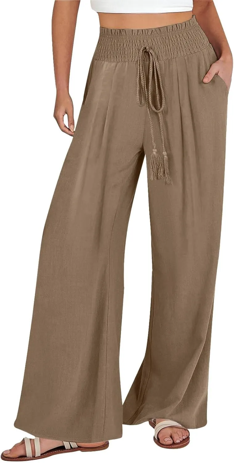 Linen Palazzo Pants Women Summer High Drawstring Waist Wide Leg Pants Linen Casual Beach Long Clothes with Pockets
