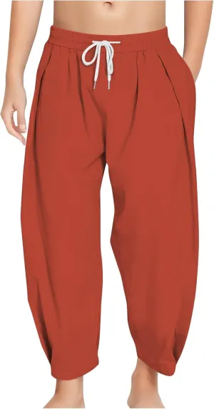 Linen Pants for Girls Summer Casual Loose Lightweight Solid Harem Pants Kids Drawstring Wide Leg Trousers with Pocket