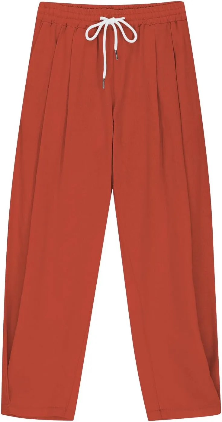 Linen Pants for Girls Summer Casual Loose Lightweight Solid Harem Pants Kids Drawstring Wide Leg Trousers with Pocket