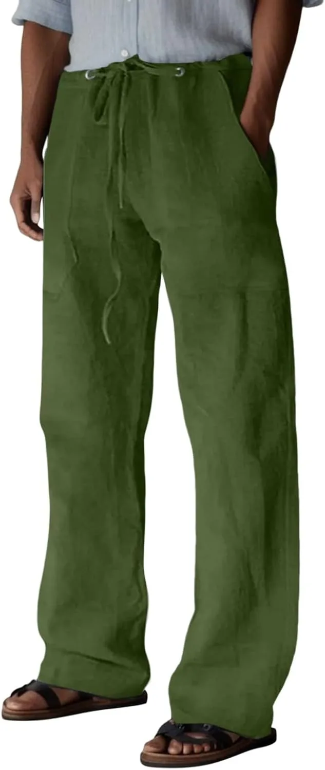 linen pants for men loose fit, beach pants for men big and tall, Linen Pants for Men, Mens Casual Cotton Pants Lightweight Elastic Waist Drawstring Summer Beach Yoga Long Pants
