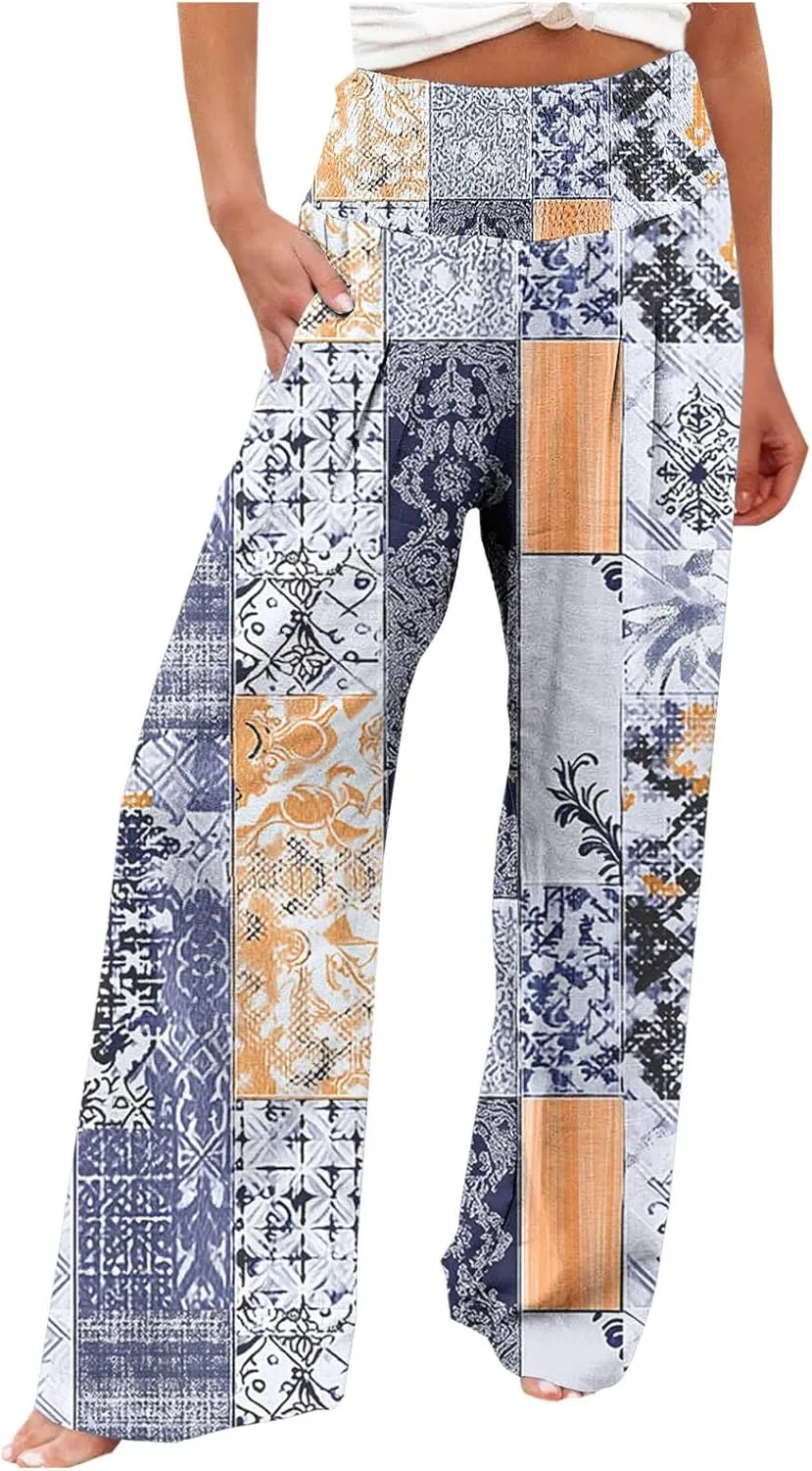 Linen Pants for Women 2025 Flowly High Waisted Pattern Wide Leg Pants Summer Beach Baggy Lounge Trousers with Pockets