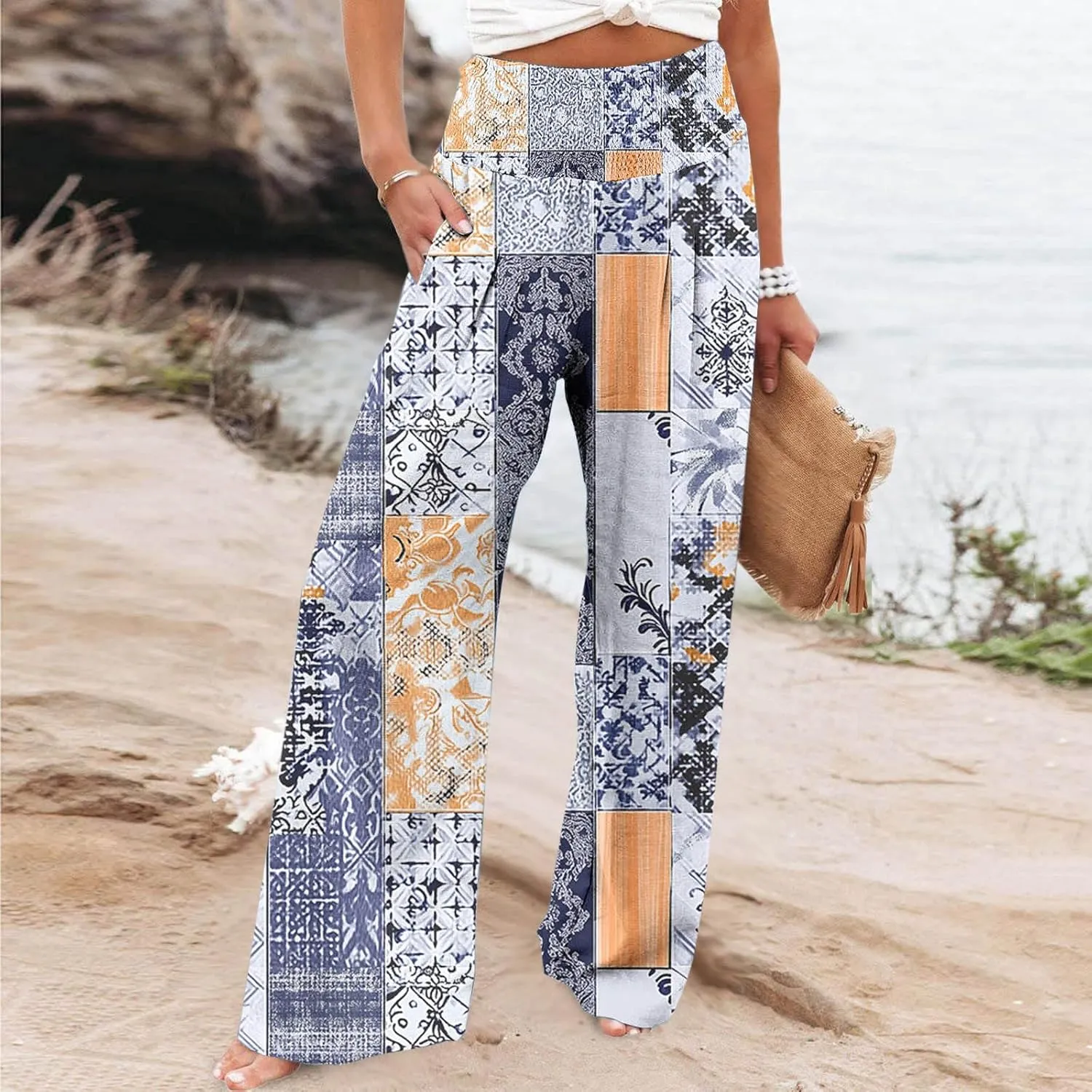 Linen Pants for Women 2025 Flowly High Waisted Pattern Wide Leg Pants Summer Beach Baggy Lounge Trousers with Pockets