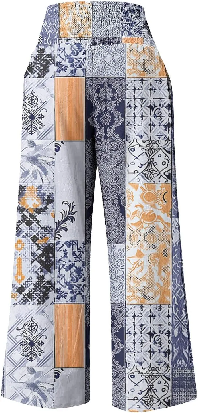 Linen Pants for Women 2025 Flowly High Waisted Pattern Wide Leg Pants Summer Beach Baggy Lounge Trousers with Pockets
