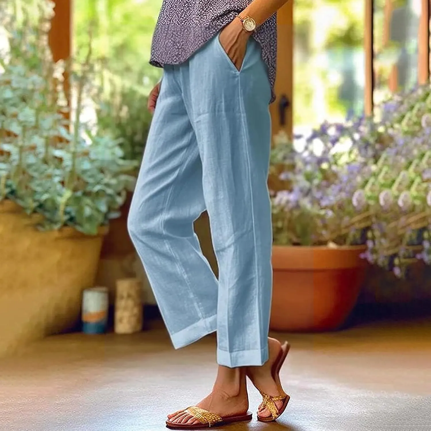 Linen Pants for Women 2025 High Waisted Wide Leg Trousers Trendy Solid Striped Elastic Waist Summer Gauze Capri Pants